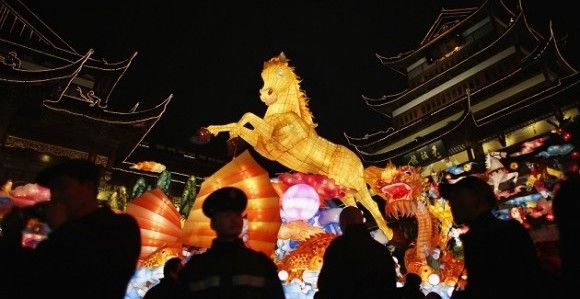 A giant lantern depicting horse is seen among Chinese New Year decorations at Yuyuan Garden, in downtown Shanghai
